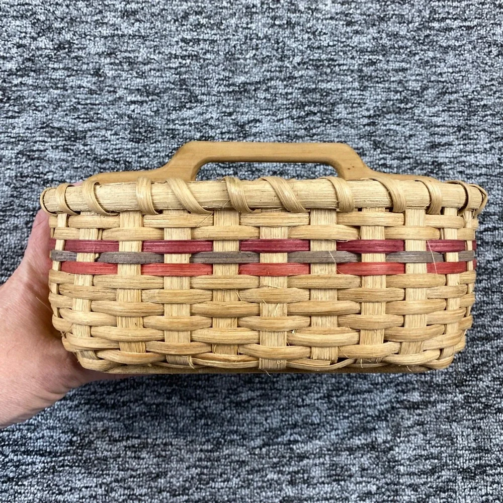 Vintage Woven Basket Wood Divider Handle Utensil Caddy Farmhouse Primitive Decor